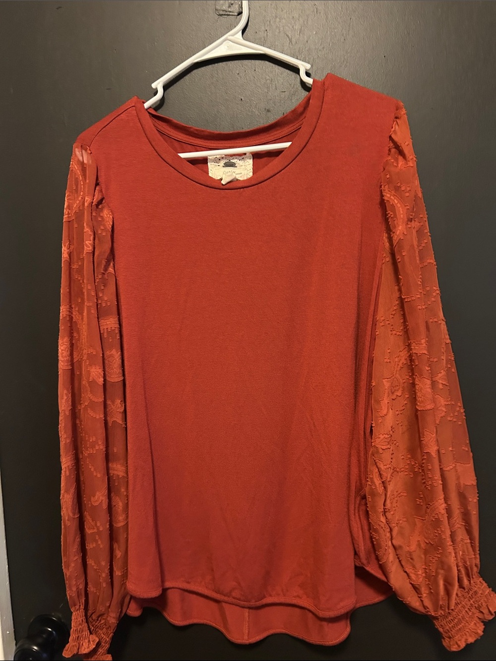 Women's Long Sleeve Lace-Sleeve Top in Rust Orange